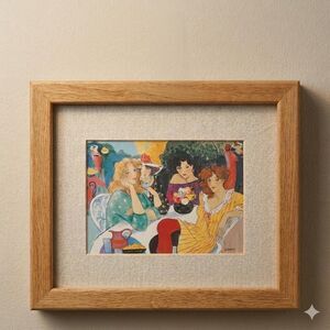 M. Banks Art Deco Revival Print "Social Ladies" Fashion Illustration, Oak Frame